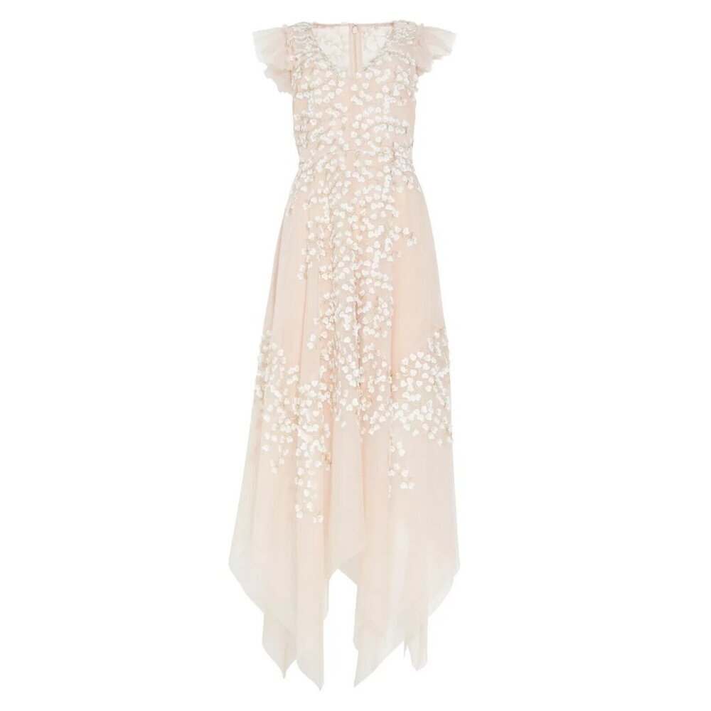 NWT BCBG MaxAzria Emery in Bare Pink 3D Floral Embroidered Asymmetric Dress 4 - Picture 6 of 6